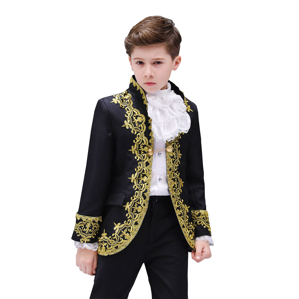 Boys European Style Court Drama Costume Children Golden Flower Stage Prince Charming Performance Clothing Set Kids Blazer Pants, Black 2pcs
Boys European Style Court Drama Costume Children Golden Flower Stage Prince Charming Performance Clothing Set Kids Blazer Pants, Black 2pcs