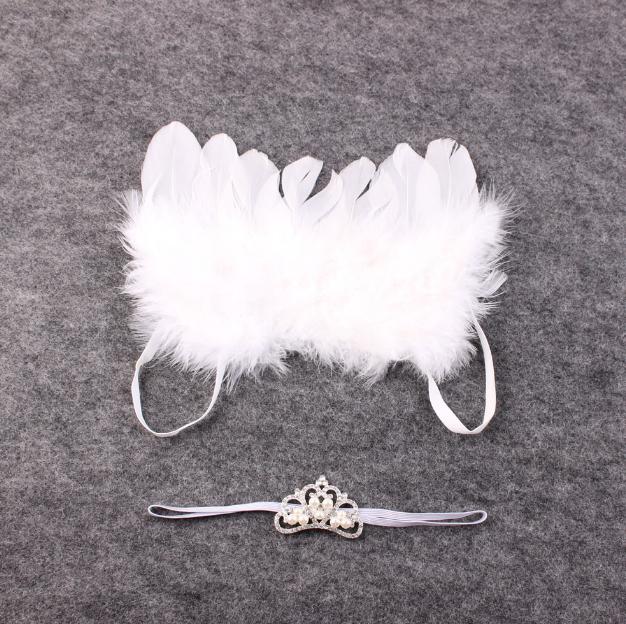 1set Baby Girl White Feathered Angel Wings Thin Elastic Hair band Pearl Crown Hair Accessories Perfect Newborn/Maternity Photo Prop