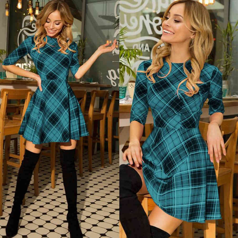 New Winter Xmas Red Plaid Dress 3/4 Sleeve Scottish Plaid Slim Dress Cotton Plaid Mini Christmas Dress Party Vestidos D30 210331
