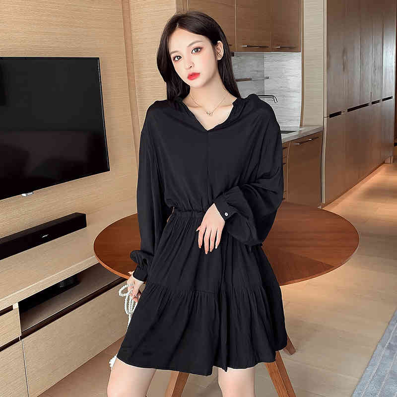 White Long Sleeve Mini DressTemperament Simple Drawstring V-neck High Waist Dresses Autumn Korean Women Dress 11421 210427