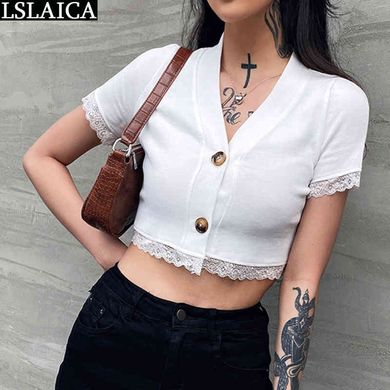 White women T-shirt Deep V-neck button short sleeve lace patchwork t shirt casual elegant slim knitted office shirts 210520