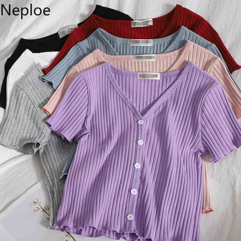 Neploe Shirts for Women Casual Sweet Student Short Sleeve Tops Summer New Korean Style V Neck Ruffles Tshirt Women Tees 210422