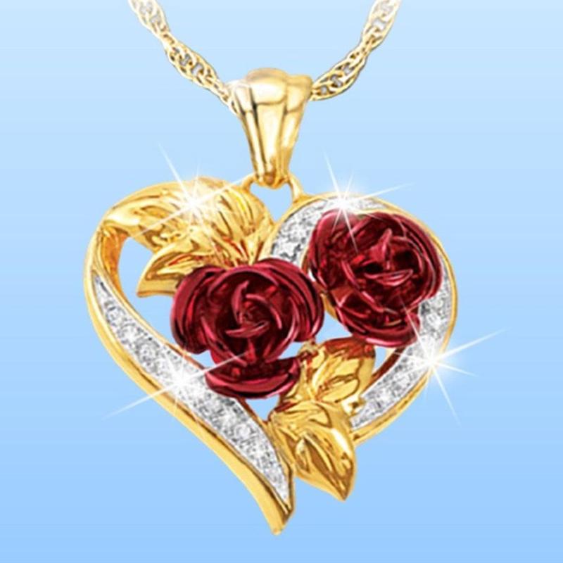 Love Rose Necklace Gold 3D Heart Shaped Pendant with Heart-Shaped Chain Necklace Rose Double