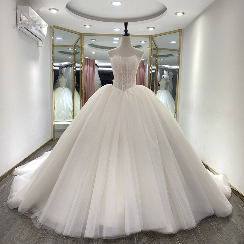 Strapless Ball Gown Puffy Wedding Sweep Train Princess Tulle Sleeveless Custom Made Bridal Dresses Vestido De Novia