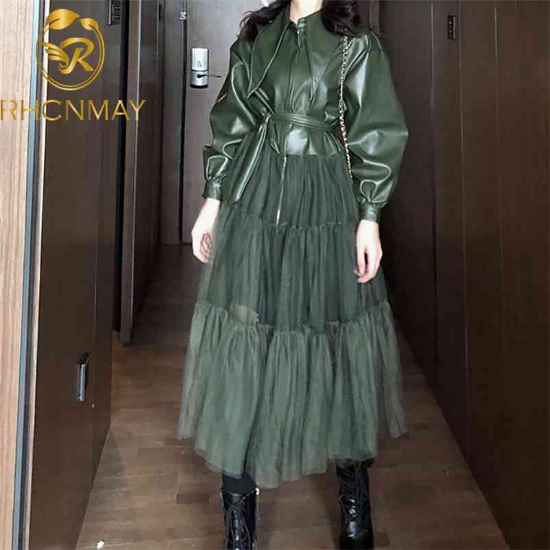 Runway Spring Jackets Women Fashion Patchwork Long Mesh Gauze Stitching PU Leather Coat With Belt Female 210515, Black;brown
Runway Spring Jackets Women Fashion Patchwork Long Mesh Gauze Stitching PU Leather Coat With Belt Female 210515, Black;brown