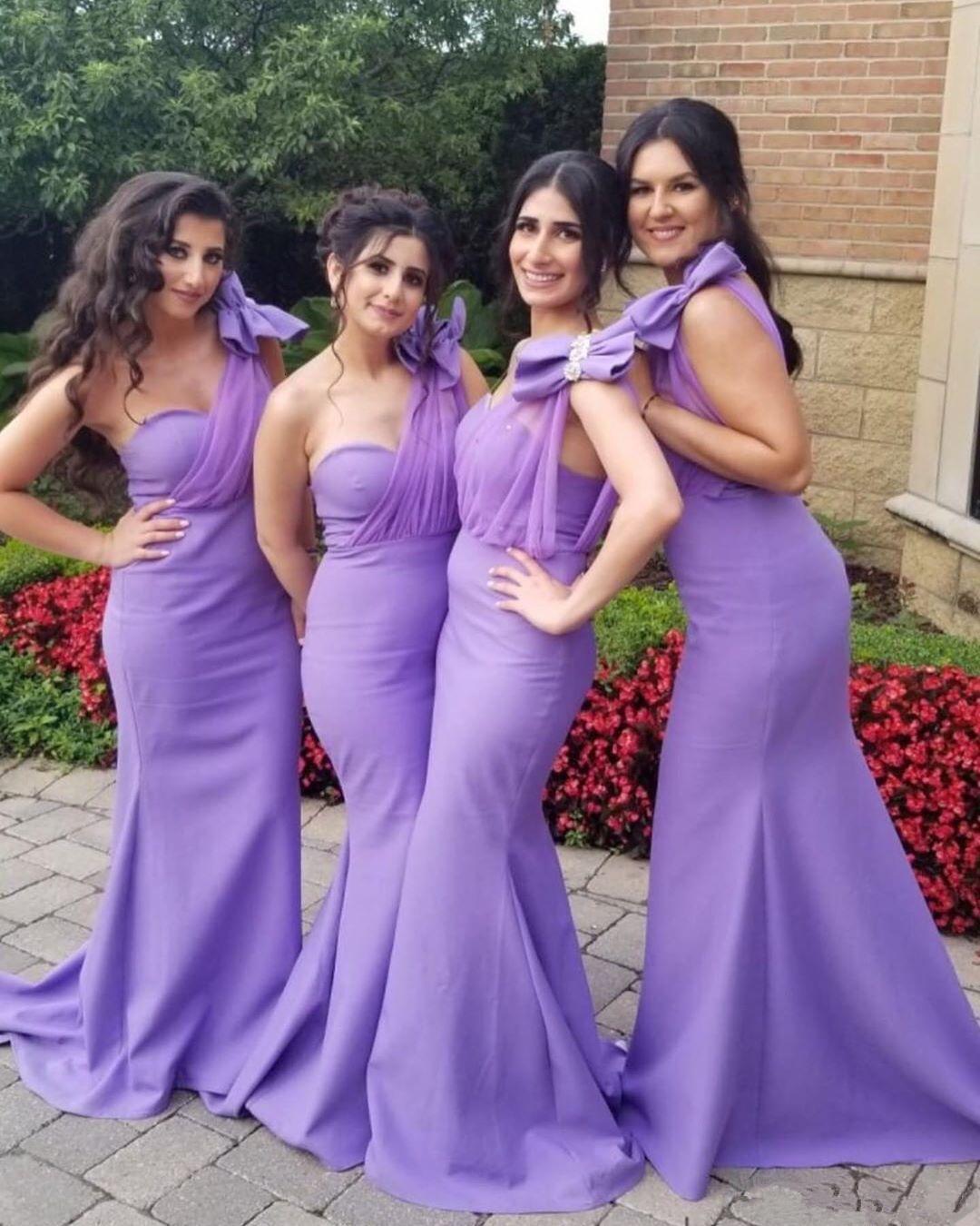 Lavender Elegant Modest Mermaid Bridesmaid Dresses Ruched One Shoulder Floor Length Bow Knot Maid Of Honor Gowns Satin Wedding Guest Dress