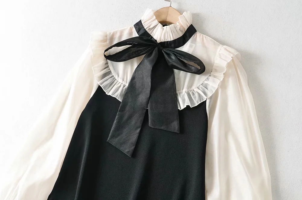 vintage elegant ruffle bow mini dress women sweet long sleeve party dresses casual sexy korean vestidos 210521