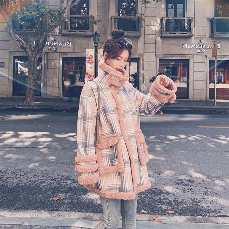 Women's Fur & Faux Winter Coat Women Casual Short Jacket Female Warm Turn-down Collar Teddy Long Sleeve Pink Plaid Outerwear Ladies Y413
