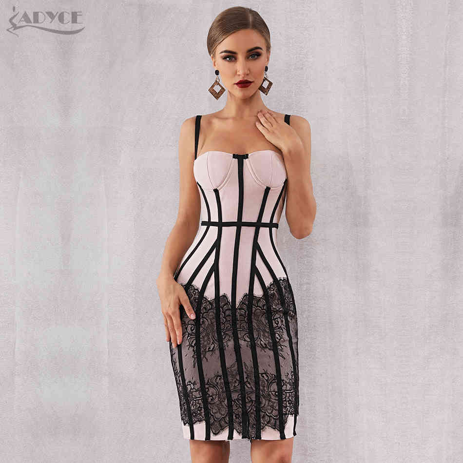 Sexy Summer Bandage Dress Women Vestido Bodycon Lace Spaghetti Strap Club Midi Celebrity Runway Party 210423