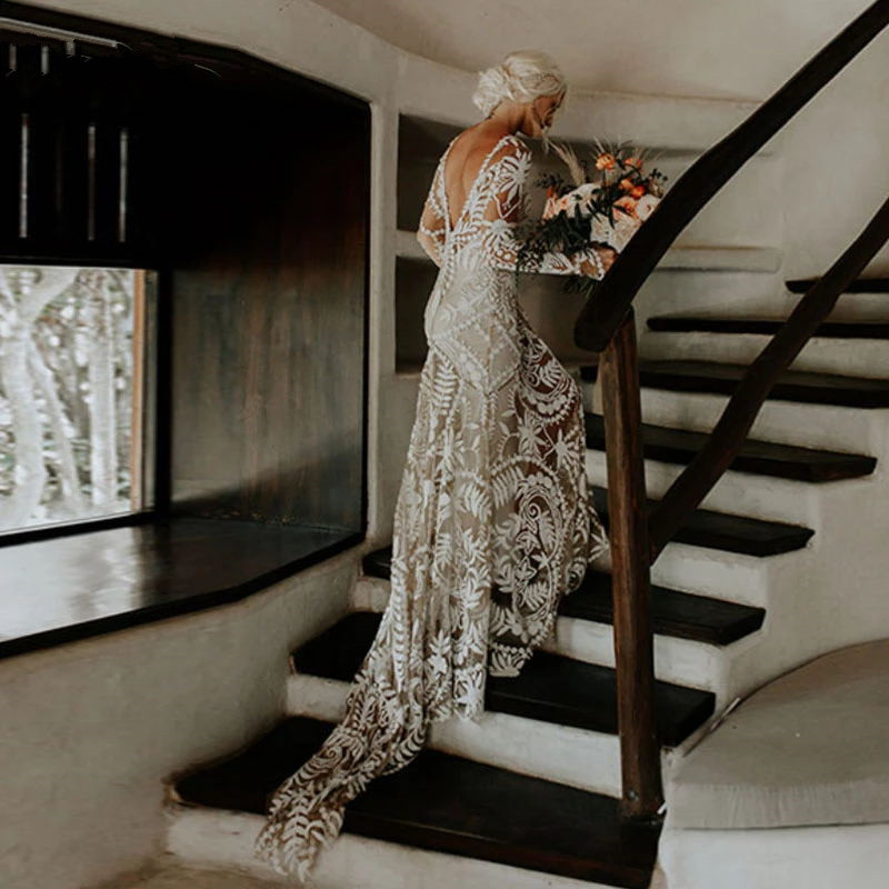 Bohemian Lace Wedding Dresses Bridal Gowns Long Sleeve Low Backless Chic Noivas Boho Rue de Soriee
