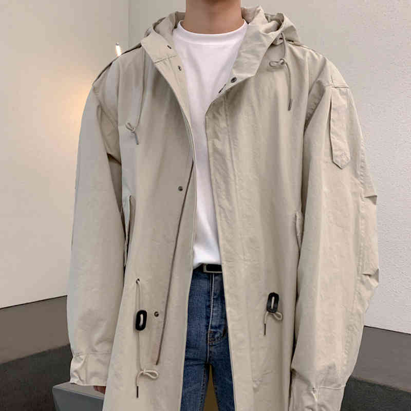 IEFB Hooded Loose Big Size Clothes Men's Mid Length Korean Fashion Cool Loose Casual Autumn Work Coat Drawstring Jacket 9Y4517 210524