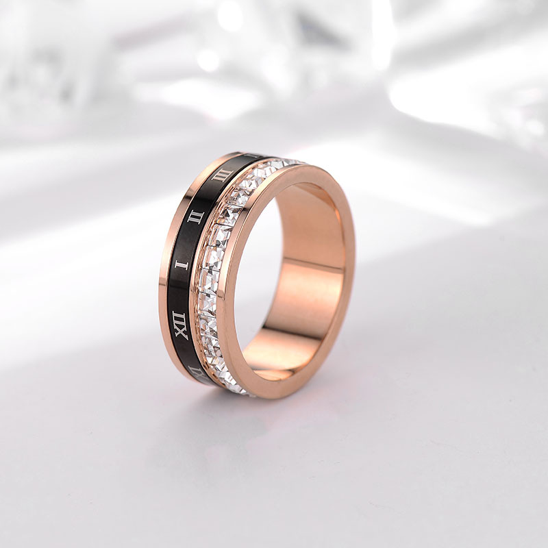 Rotatable Black Roman Numerals Circle Ring Square Cubic Zirconia Rose Gold Rings Jewelry