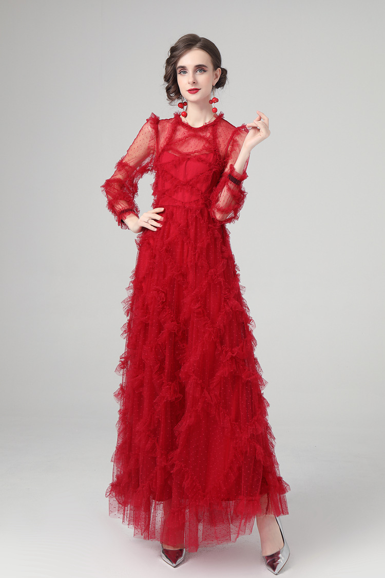 Women's Runway Dresses O Neck Long Sleeves Ruffles Elegant Fashion Tiered Party Prom Gown