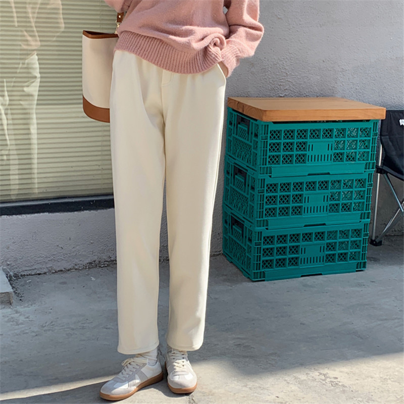 OL Minimalist Elastic High Waist Thick Plus Velvet Harem Pants Women Autumn Winter Casual Straight Trousers 210421