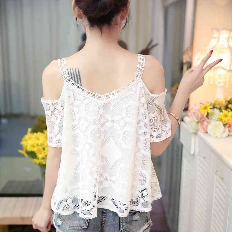 Women's Clothing Summer Fashion V Collar Sexy Strapless Women Tops Short Sleeve Hollow Lace Blouse Loose Blusas 0120 30 210506