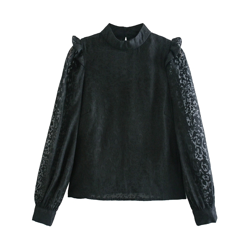 Elegant Women Leopard Lace Shirts Fashion Ladies Ruffles Patchwork Tops Streetwear Female Chic Puff Sleeve Blouses 210430