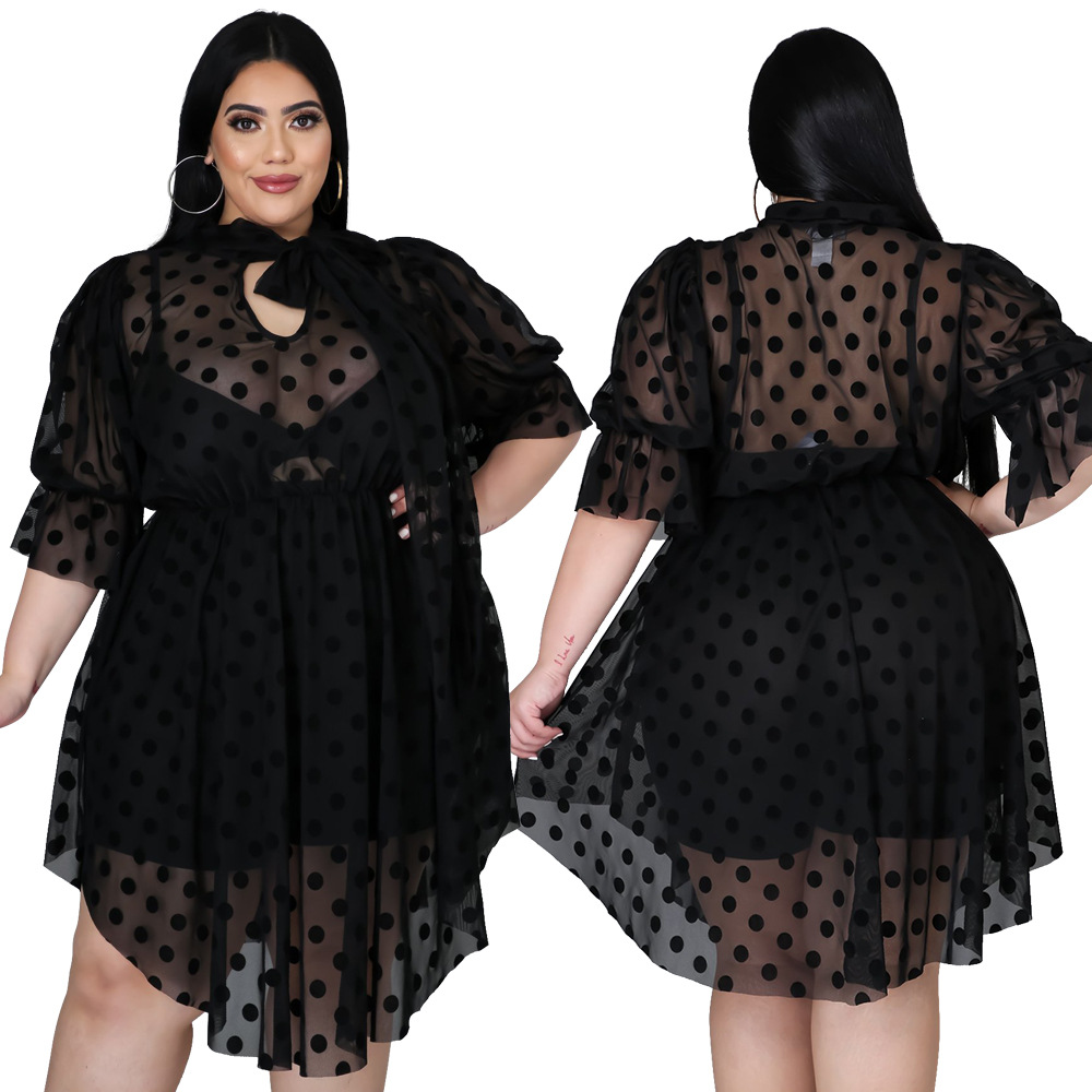 Casual Dresses plus size Polka Dot solid color round neck mesh perspective dress coat, Black
Casual Dresses plus size Polka Dot solid color round neck mesh perspective dress coat, Black