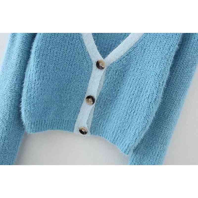 Vintage blue knitted cardigans women crop sweater korean fashion ladies tops casual warm spring 210521