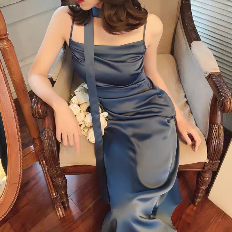 summer holiday navy blue satin ruched spaghetti strap midi dress casual daily beach dresses robe mujer femme chic vestido 210421