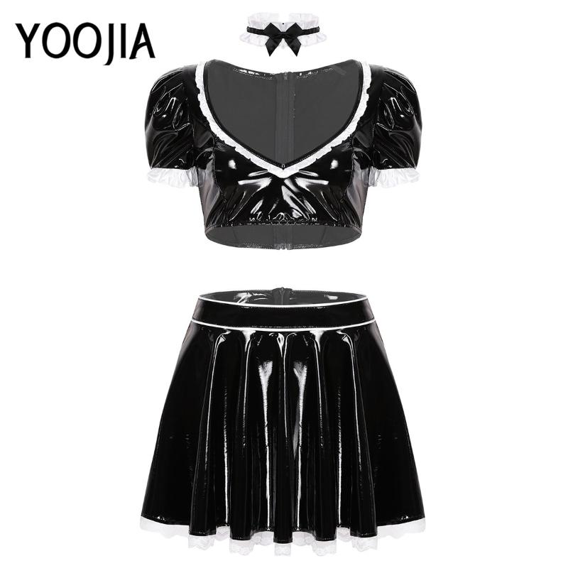 Bras Sets Womens Adult Maid Cosplay Costume Patent Leather WetLook V-Neck Puff Sleeve Top Ruffled High Rise A-Line Short Skirt Set, Black
Bras Sets Womens Adult Maid Cosplay Costume Patent Leather WetLook V-Neck Puff Sleeve Top Ruffled High Rise A-Line Short Skirt Set, Black