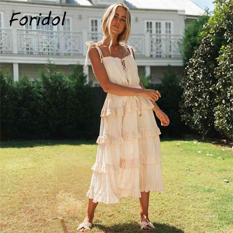 Lace Up Front Striped Summer Dress Boho Beach Women Clothing Casual Maxi Long Sundress Ruffle Spring Korean Harajuku Dress 210415