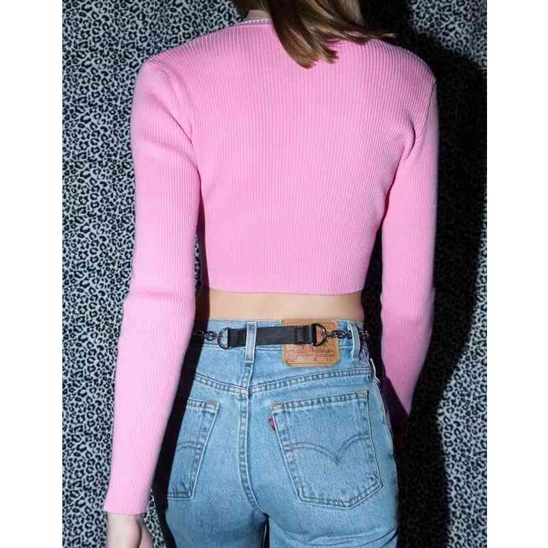 Women Contrast Colors V-neck Long Sleeve Ribbed Sweater Fitted Crop Knit Pullover 210512