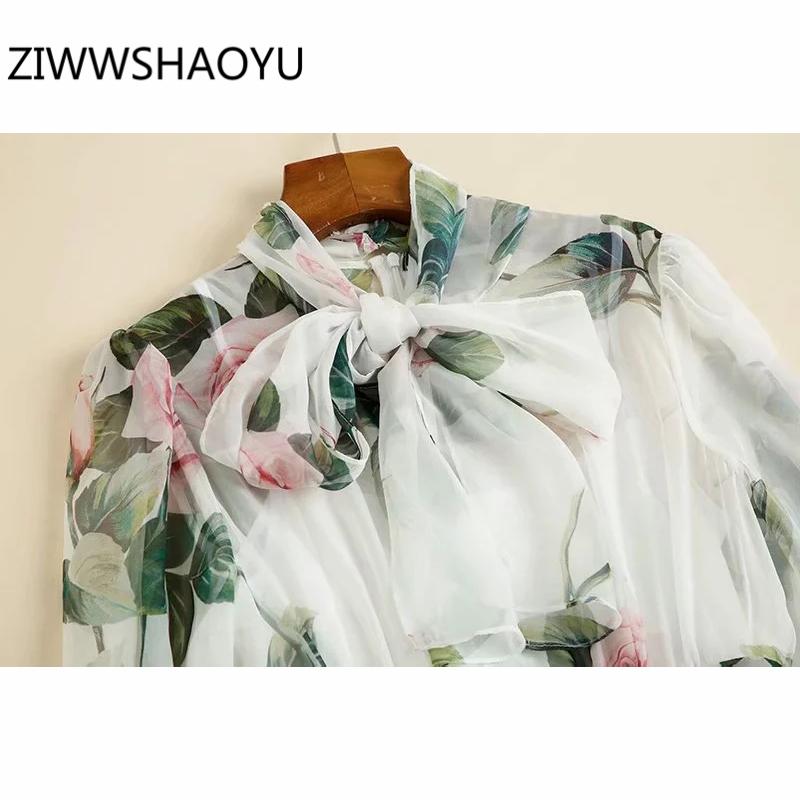 Female Summer Elegant Fashion Midi Dresses Runway Designer Women Bow Tie Floral Print High Waist Flowy Dress Casual