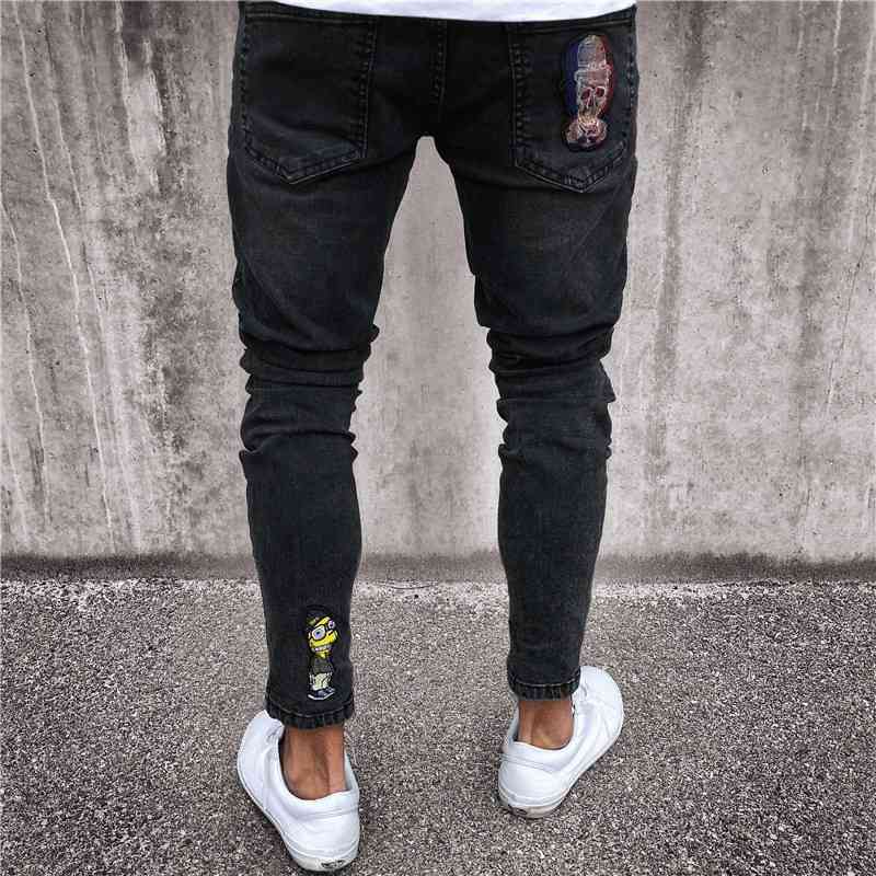 Fashion Mens Skinny black Ripped Slim fit Stretch Denim Frayed Biker Jeans Boys Embroidered Patterns Pencil Trousers 210331