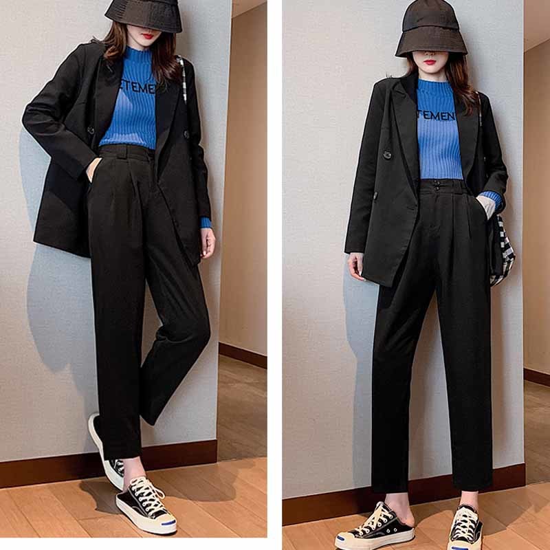 Spring Autumn Thin Solid Black Trouser Korean OL Women Suit Pants Button Plus Size Professional Straight Loose 12110 210508