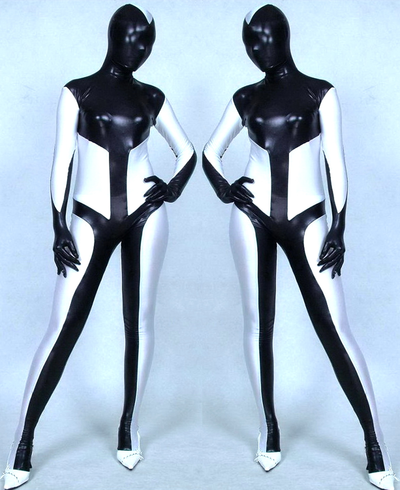 Black/White Shiny Lycra Metallic Catsuit Costume Unisex Full Outfit Sexy Women Men Bodysuit Costumes Halloween Party Fancy Dress Cosplay Suit P259
Black/White Shiny Lycra Metallic Catsuit Costume Unisex Full Outfit Sexy Women Men Bodysuit Costumes Halloween Party Fancy Dress Cosplay Suit P259