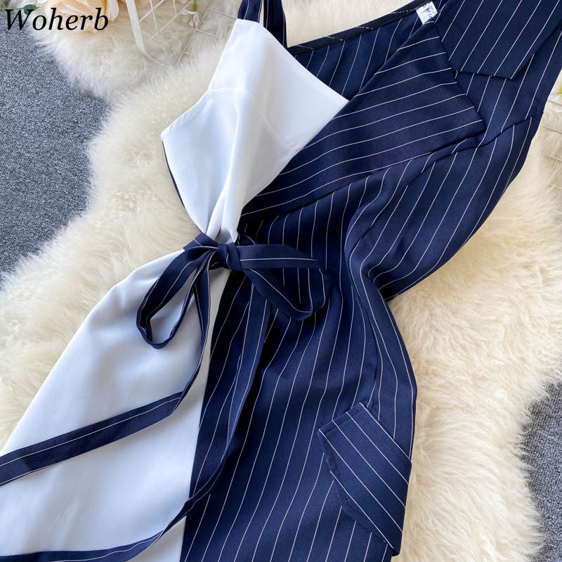 Fashion Robe Women High Street A-line Dress Summer V Neck Sleeveless Striped Patchwork Irregular Dresses Slim Vestidos 210519