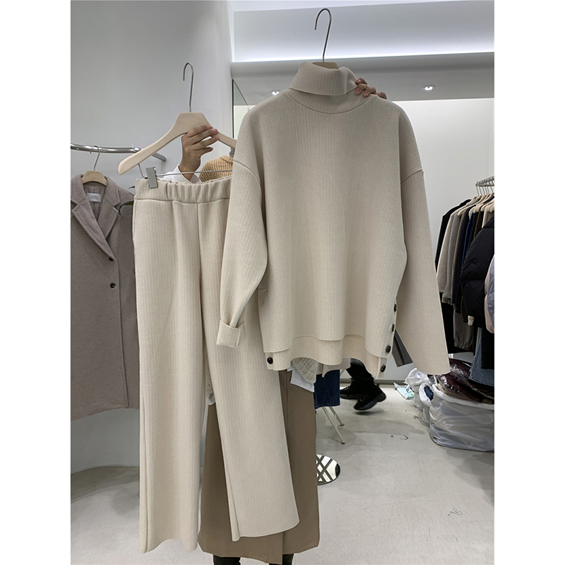 Nomikuma Spring New Two Piece Suits Turtleneck Long Sleeve Pullover Sweater + High Waist Wide Leg Long Pants Sets 6E814 210427