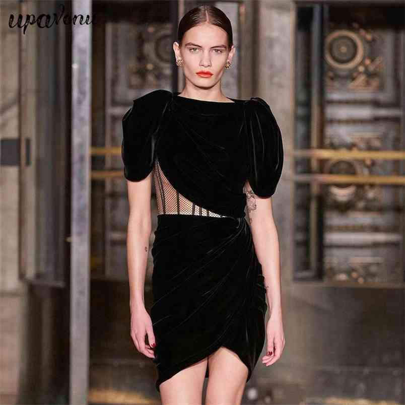 Free Runway Women's Velvet Dress Sexy O-neck Puff Sleeve Mesh Bodycon Hollow Draped Club Party Vestidos 210524