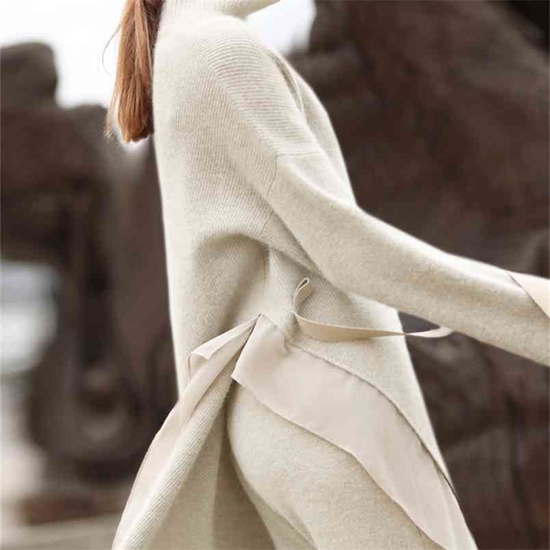 Winter Women Elegant Sweater For Female Casual Irregular Split Turtleneck Tops and Wide Leg Trousers 11870366 210527
