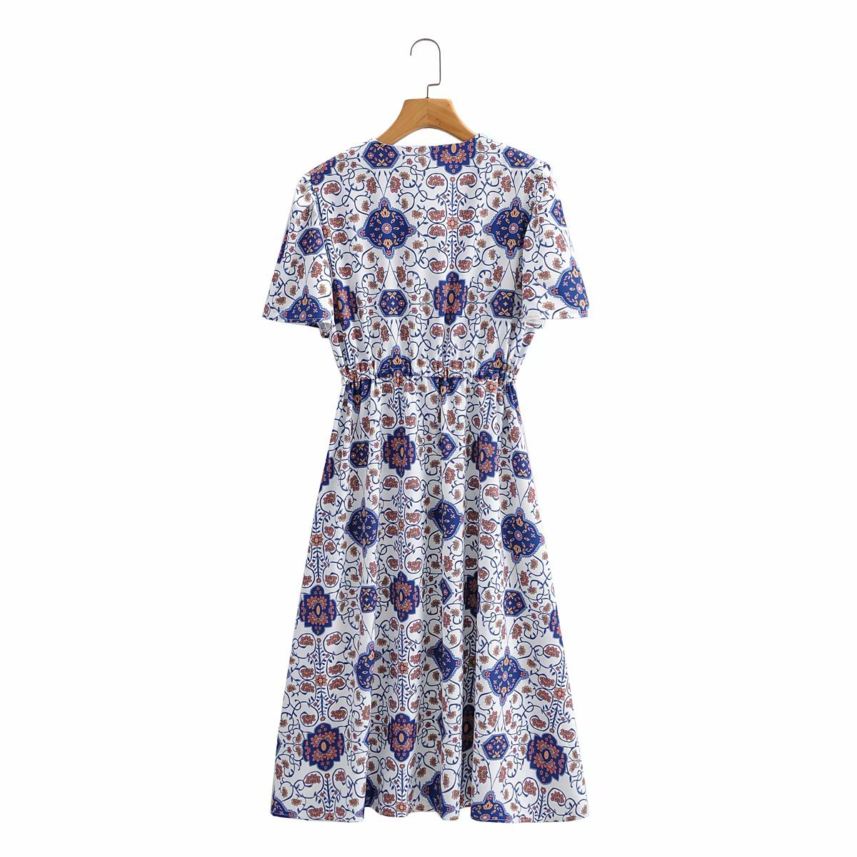 Women Vintage V-neck Short-sleeved Print Dress Fashion Elegant Waist Temperament Chic Female Midi Dress Vestidos 210507