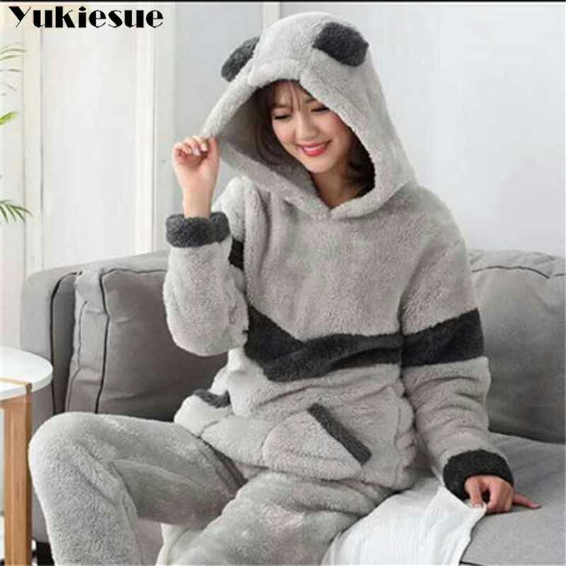 Autumn Winter Women Pyjamas Sets pajamas Sleepwear Suit Thick Warm Coral Flannel nightgown Female Cartoon Animal Pijama Mujer 210608