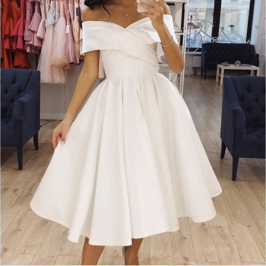 Short Wedding Dress Satin Knee Length 2021 Pleat Simple Off Shoulder Bridal Gown For Women Brides Elegant Cheap Robe De Mariee Formal Dresses