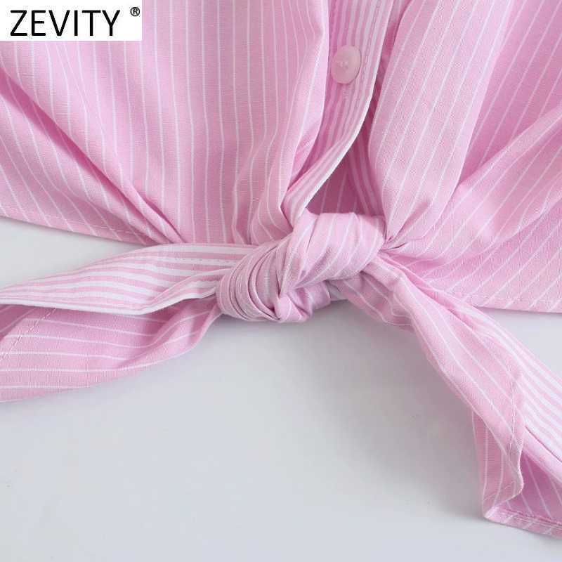 Zevity Women Sweet Patchwork Striped Print Pink Short Smock Blouse Female Hem Bowknot Breasted Shirt Chic Crop Tops LS9210 210603