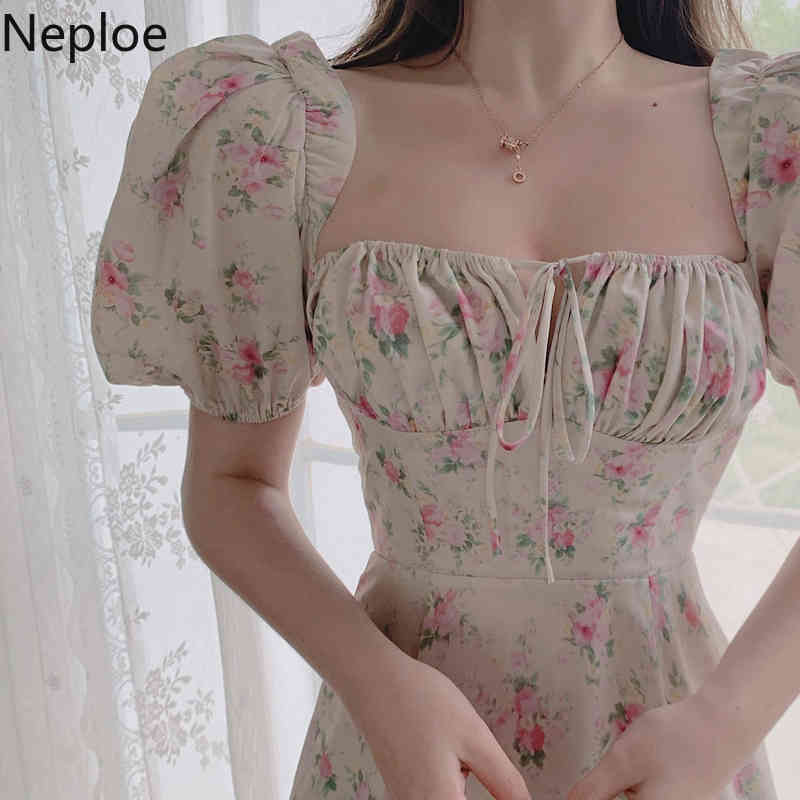 Neploe Vintage Floral Dress Women Summer Square Collar Puff Short Sleeve Maxi Dresses Sexy Off Shoulder Elegant Split Vestidos 210422