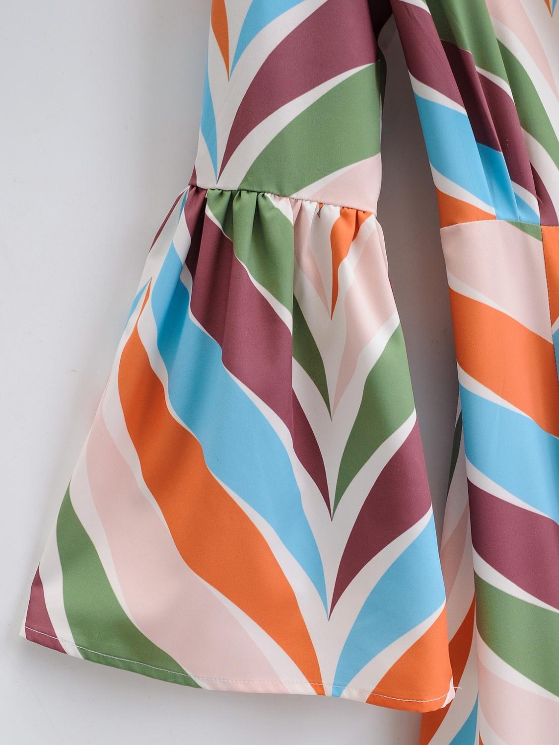 French Cross V neck Wave Striped Print Wrap Dress Vintage Lacing up Waist Split Slim Women Flare Sleeve Long Tea Dresses 210429