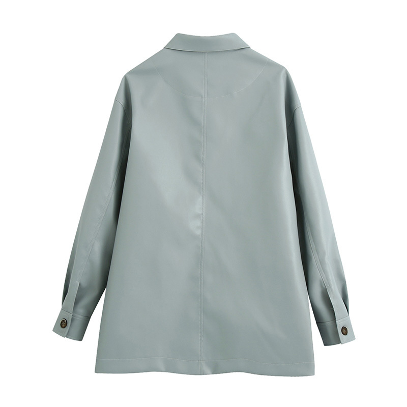 Solid Fashion PU Faux Leather Shirt Jacket Women Turn Down Collar Loose Coat Female Long Sleeve Streetwear Jackets 210414