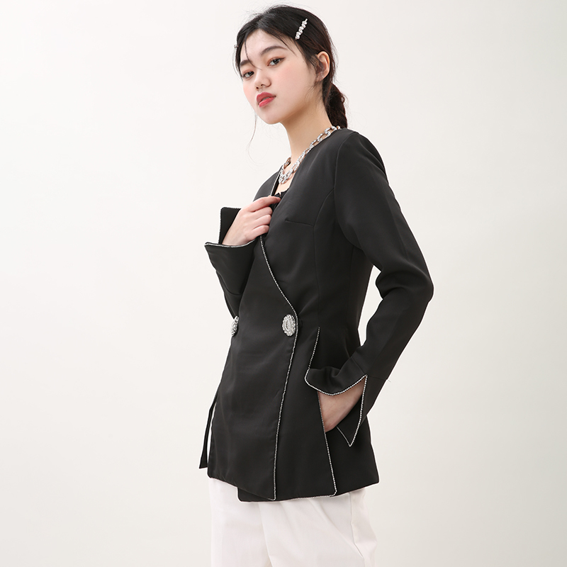 [EAM] Women Black Vent Temperament Blazer V-collar Long Sleeve Loose Fit Jacket Fashion Spring Autumn WD618 210512