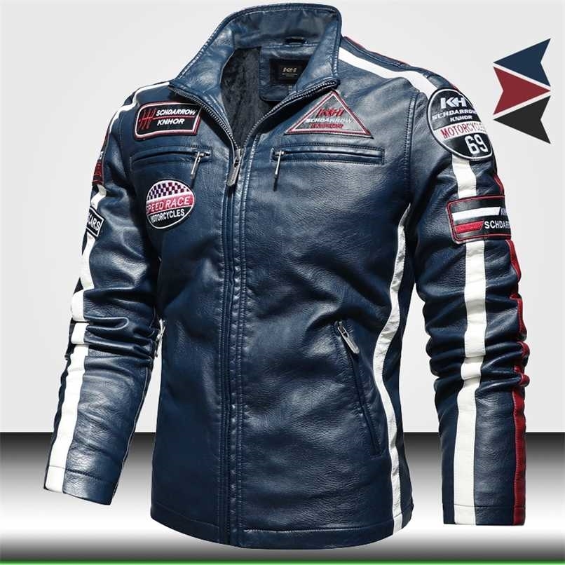 Vintage Motorcycle Jacket Men Fashion Biker Leather Jacket Male Embroidery Bomber Coat Winter Fleece Pu Overcoat 211119
