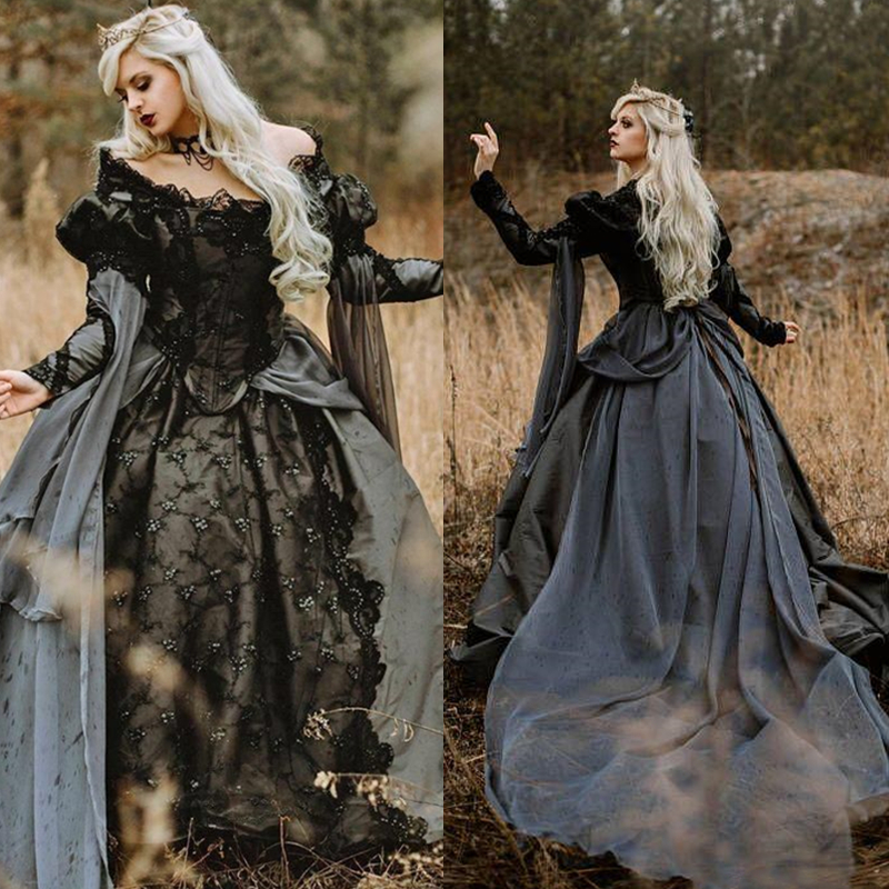 Gothic Black And Gray Ball Gown Wedding Dresses Lace Appliques Puff Long Sleeve Country Garden Vintage Victorian Wedding Gowns Bridal Masquerade Dress