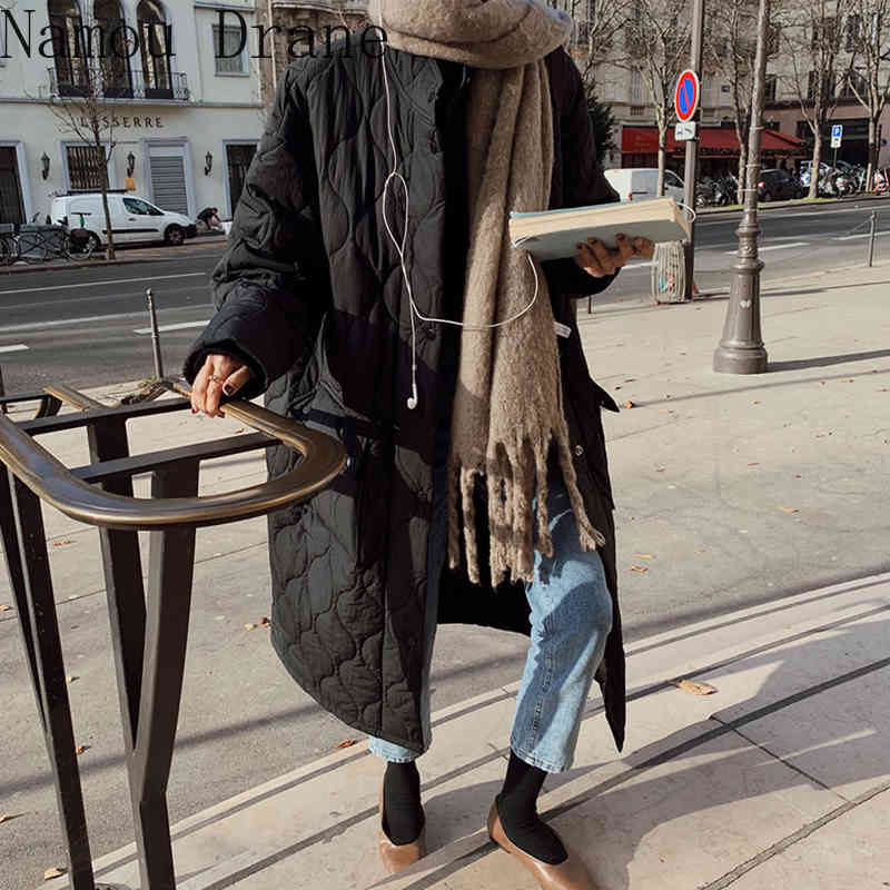 South Korea's chic autumn/winter retro li-collar diamond-print loose medium-length oversize thick cotton coat woman. 210429