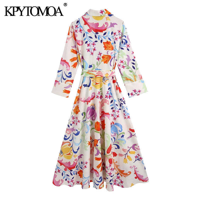 KPYTOMOA Women Chic Fashion With Belt Floral Print Midi Dress Vintage Three Quarter Sleeve Button-up Female Dresses Mujer 210630