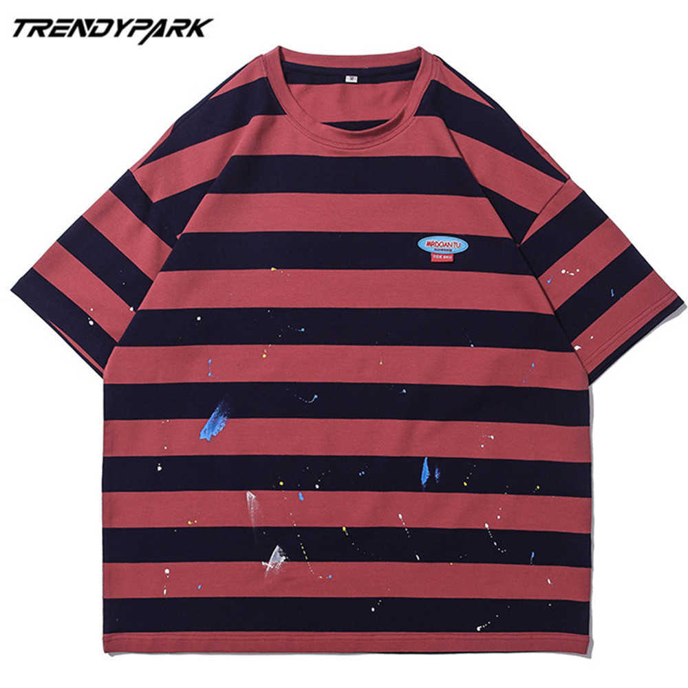 Men's T-shirt Summer Short Sleeve Striped Tee Hip Hop Oversized Cotton Casual Harajuku Streetwear Top Tshirts Clothing 210601