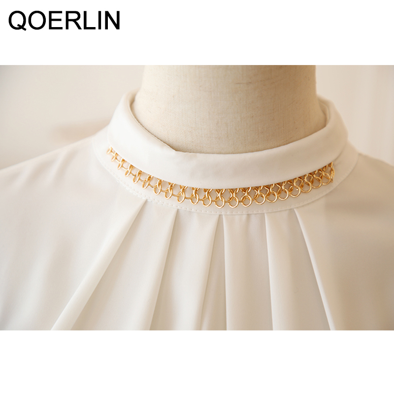 QOERLIN OL Style Ladies Temperament Beaded Solid White Shirt Top Korean Fashion Stand Collar Long Sleeve Workwear Blouse Plus 210412