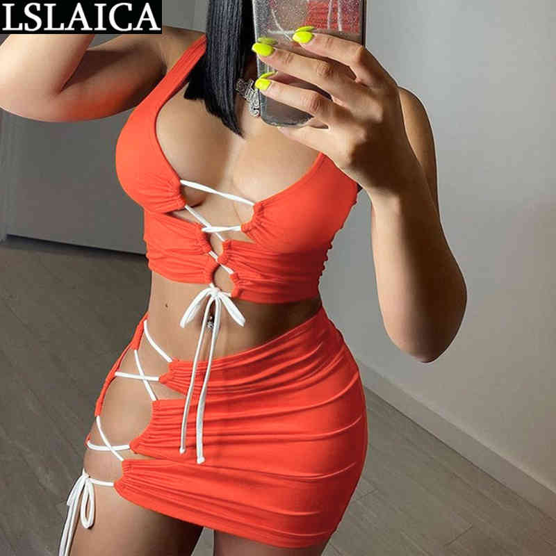 Two Piece Set Women Crop Top&skirt Solid Color Criss-cross Hollow Out Sets Knit Sexy Clubwear Summer Female Clothing 210520