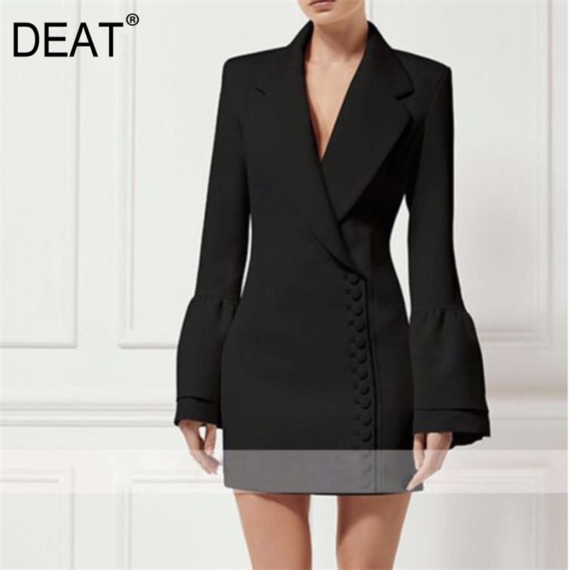 [DEAT] Autumn Fashion Women's Clothing High Quality Flared Sleeve Slim-fit Single-Breasted Dress WI247 210820